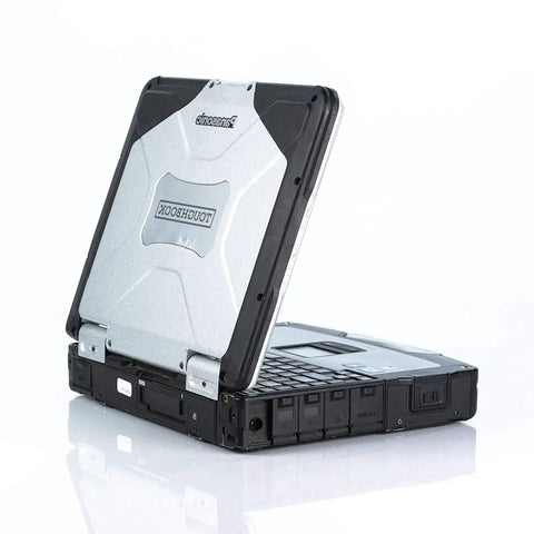 Toughbook CF31 MK3 Badass Rugged Laptop featuring heavy duty armor in silver and black, partially opened view.