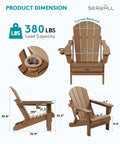 Foldable Adirondack Chair Set Of 2 With Built In Cup Holder, showing dimensions, 380 lbs capacity, brown weather-resistant material