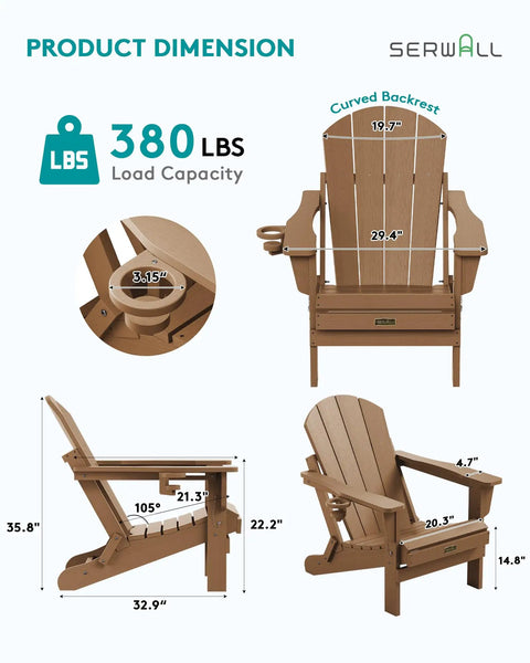 Foldable Adirondack Chair Set Of 2 With Built In Cup Holder, showing dimensions, 380 lbs capacity, brown weather-resistant material