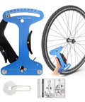 Dead On Bicycle Spoke Tension Meter For Road And City Bikes Heavy Duty Premium Aluminum Tensiometer with dial near bicycle wheel.