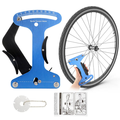 Dead On Bicycle Spoke Tension Meter For Road And City Bikes Heavy Duty Premium Aluminum Tensiometer with dial near bicycle wheel.