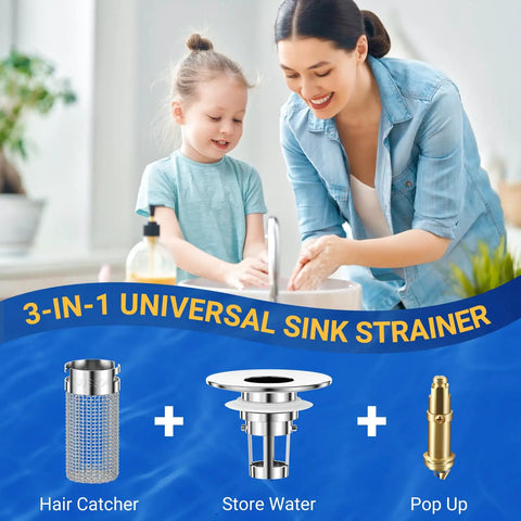 Heavy Duty Bathroom Sink Drain Strainer And Pop Up Stopper With Removable Stainless Steel Hair Catcher Basket Universal Fit For US Fixtures Swipes Hairs Away Fast No Clog Drama 3 Pack