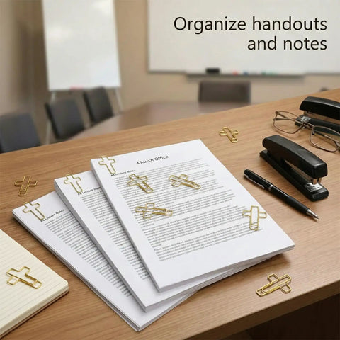 Cross Paper Clips Set Featuring 120 Multicolor Metal Bookmark Clips In Clear Storage Box for organizing documents on a desk.