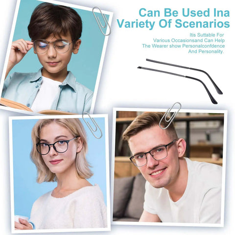 Universal Eyeglasses Repair Kit With Hefty Metal Temple Arms And Precision Screws Heavy Duty Frame Leg Replacement To Snug Up Loose Hinges For Quick Spectacle Fix featuring multiple users wearing glasses.