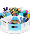 360 Degree Rotating Desk Organizer With 9 Deep Bins, 12 Inch Lazy Susan Turntable with colorful stationery and office supplies