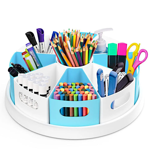 360 Degree Rotating Desk Organizer With 9 Deep Bins, 12 Inch Lazy Susan Turntable with colorful stationery and office supplies