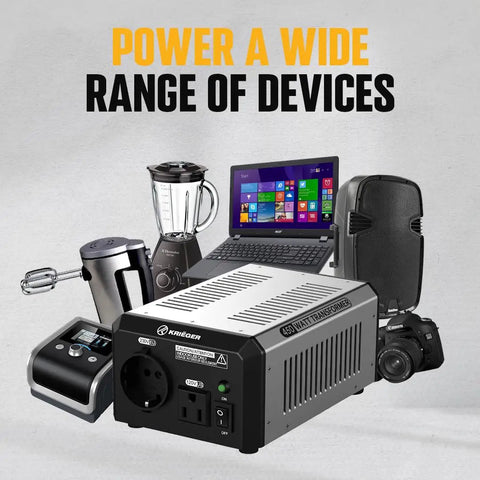 Beefy 450 Watt Voltage Transformer Step Up Down Converter 110 120V To 220 240V with appliances like blender and laptop