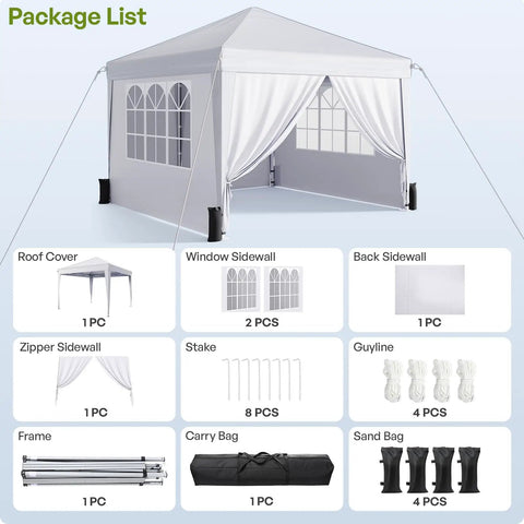 10x10 Pop Up Canopy With Sidewalls For A No Brainer Hassle Free Setup Portable Event Tent With Carry Bag, components shown