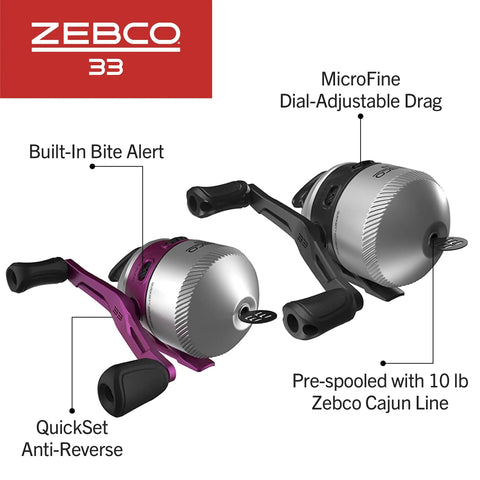 Two Pack Spincast Fishing Rod And Reel Combos With 5 Foot 6 Inch 2 Piece Fiberglass Rods Quickset Anti Reverse Reels With Bite Alert Beginner Friendly Pre Spooled With 10 Pound Line Pink And Black featuring built-in bite alert and microfine dial-adjustable drag.