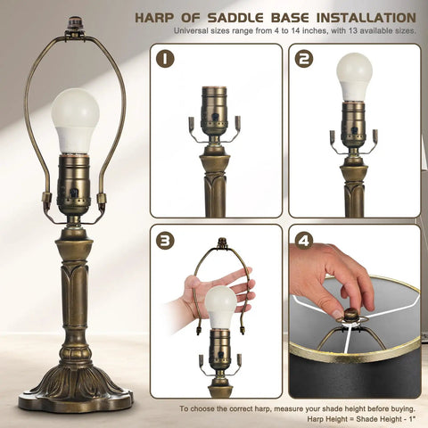 Top Shelf Seven Inch Antique Bronze Lamp Harp Set showing saddle base installation for detachable shade holders.