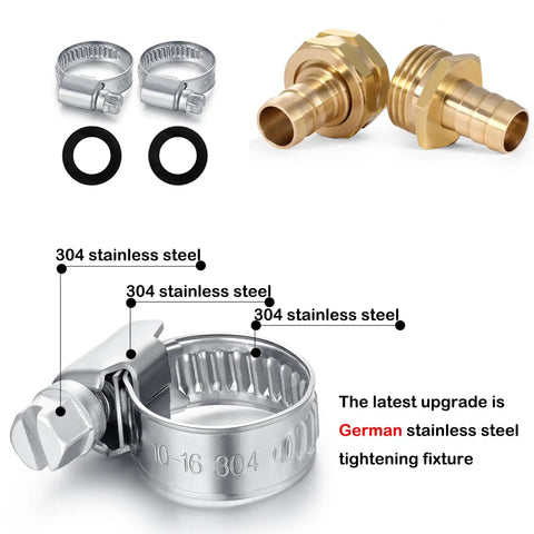 Hose Repair Kit 1/2 Inch Barb Brass Ends With 20 Clamps And 20 Washers, showing brass connectors and stainless steel clamps.
