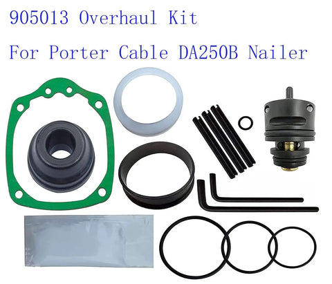905013 Overhaul Kit for Porter Cable DA250B Nailer, includes heavy-duty seals, pistons, and tools for pneumatic repairs.