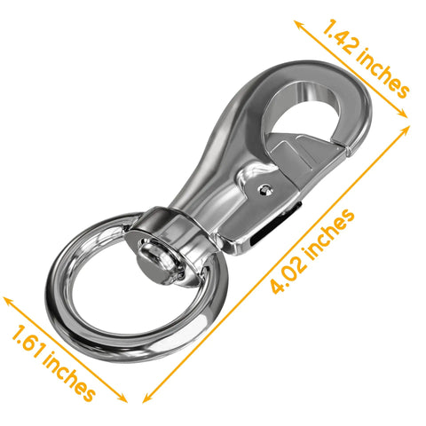 Heavy Duty Swivel Hook For Hanging Chairs And Hammocks, stainless steel snap with measurements, supports up to 1000 lbs, easy snap installation.