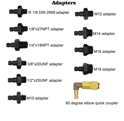 Oil pressure tester kit with ten black metal adapters and a brass 90-degree elbow quick coupler.
