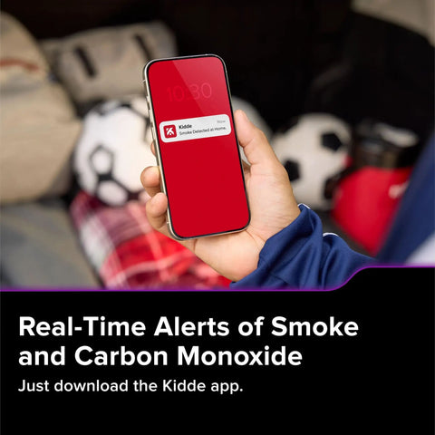 Mobile phone displaying app alert for App Enabled Hardwired Smart Smoke And Carbon Monoxide Detector With AA Battery Backup, Voice Alerts And Interconnected Alarm, Whole Home Connectivity With Real Time Mobile Alerts And Reduced Nuisance Alarms
