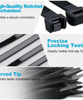 Close-up of Heavy Duty 150 Pack 8 Inch Black Zip Ties With 40 Lbs Tensile Strength Self Locking Nylon Cable Ties showcasing ratchet mechanism.