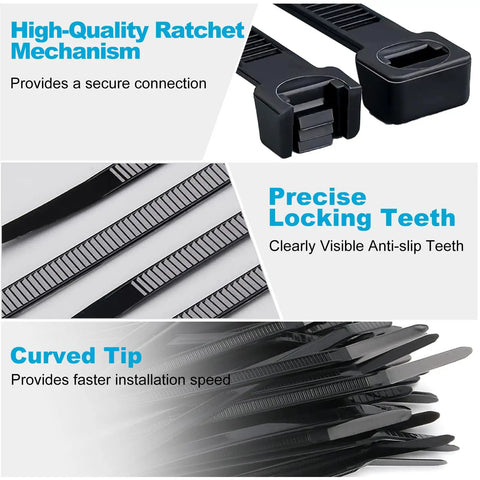 Close-up of Heavy Duty 150 Pack 8 Inch Black Zip Ties With 40 Lbs Tensile Strength Self Locking Nylon Cable Ties showcasing ratchet mechanism.
