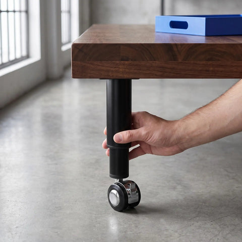 Hand adjusting telescoping metal table leg with caster, height adjustable 4.7 to 7.1 inches, DIY desk hardware for home office use