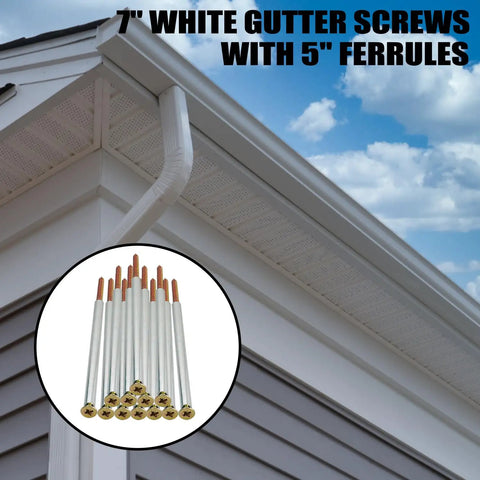 Image showing 12 Pack 7 Inch Gutter Screws With Metal Sleeves Rust Resistant Coating Heavy Duty Roof Gutter Fasteners installed on gutter.