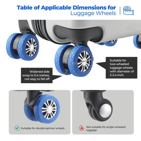 Blue silicone luggage wheel covers, 8-pack, for 2–2.4 in spinner wheels on suitcases; wear-resistant, anti-noise.