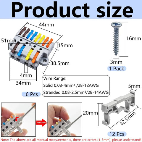 4 In 8 Out Lever Terminal Block Kit For DIN Rail Or Screw Mount, diagram showing product dimensions and wire range compatibility.