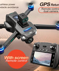 GPS Drone With 8K Dual HD Cameras And EIS, remote controller with screen, showcasing quadcopter's brushless motors and obstacle avoidance.