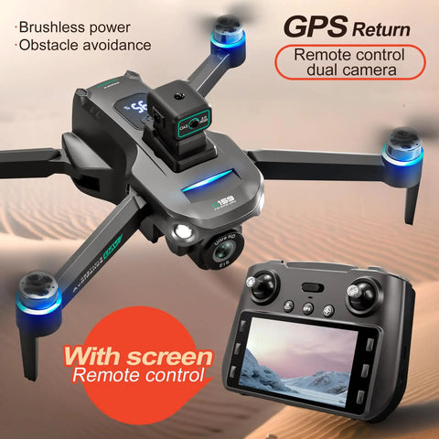 GPS Drone With 8K Dual HD Cameras And EIS, remote controller with screen, showcasing quadcopter's brushless motors and obstacle avoidance.