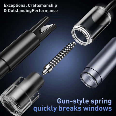 Exploded view of SKINNYON car safety hammer with seatbelt cutter and window breaker; spring coil and transparent lid