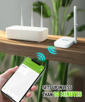 Long Range WiFi Antenna Gateway For Water Timers And Sprinkler Controllers With 250 Meter Reach showing setup with phone app