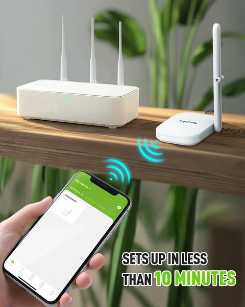 Long Range WiFi Antenna Gateway For Water Timers And Sprinkler Controllers With 250 Meter Reach showing setup with phone app