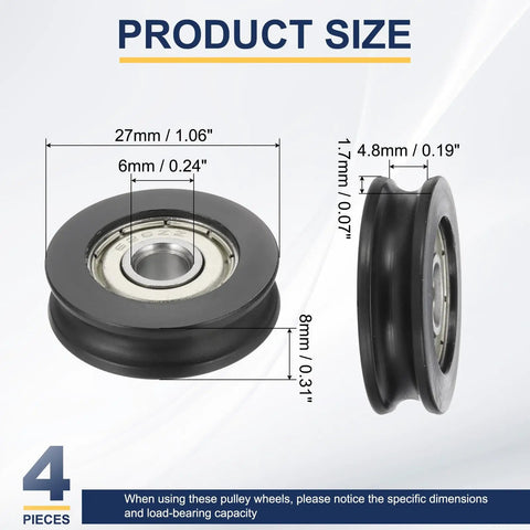 U Groove Ball Bearing Roller Wheels 6 X 27 X 8mm Nylon Pulley Guide Wheel Stainless Steel Track Wheel Built To Last No Squeak Heavy Duty Replacement For Sliding Doors And Windows Black Pack Of 4, product size diagram