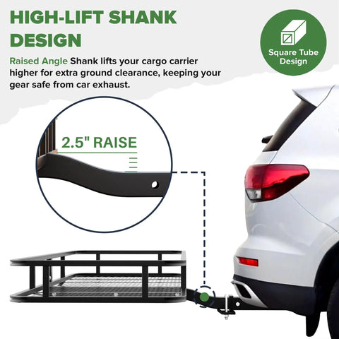 Beefy 60 Inch Hitch Cargo Carrier Basket, 23 Inch Wide By 5.5 Inch Deep, 2 Inch Receiver, featuring high-lift shank design on SUV