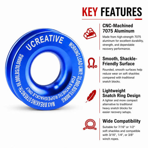 Heavy Duty Winch Recovery Ring 66000 Lbs For Soft Shackle And Synthetic Rope For ATV UTV SUV Truck Off Road Recovery Blue CNC Machined 7075 Aluminum Alloy with key features
