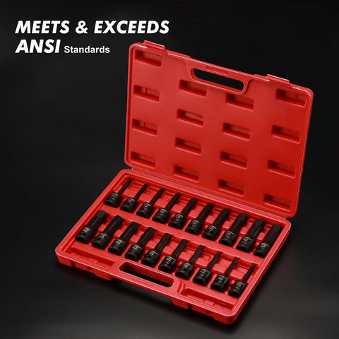 Heavy Duty One Half Inch Drive Impact Hex Bit Socket Set 20 Piece CrMo Steel in red case with black phosphate finish