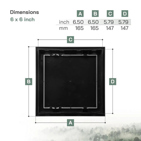 6x6 inch Solid Heavy Duty Anthracite Abs Plastic Drywall Access Panel dimensions showing installation details.