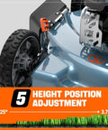 Close-up of Gas Powered Lawn Mower With 144cc 4 Stroke Engine 20 Inch Deck Side Discharge highlighting 5 position cutting height adjustment.