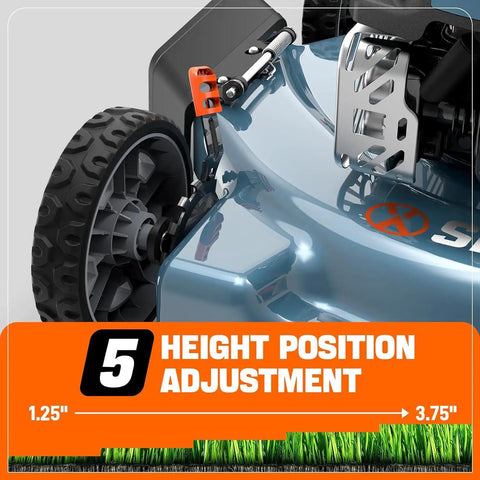 Close-up of Gas Powered Lawn Mower With 144cc 4 Stroke Engine 20 Inch Deck Side Discharge highlighting 5 position cutting height adjustment.
