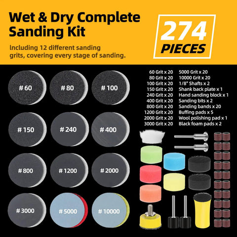 Wet and Dry Complete Sanding Kit featuring 274 pieces with various grits, including 2 Inch Sanding Discs Pack For Detail Work.