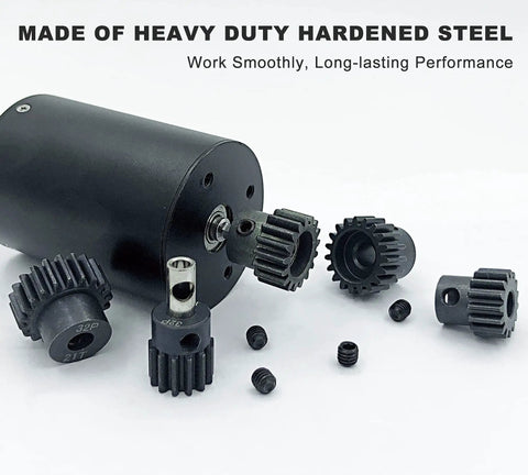 Beefy 32P 5mm hardened metal pinion gear set with 3.175mm coupler for RC buggy and monster truck, includes 13T-21T gears.