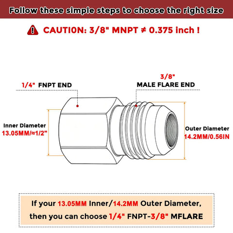 Diagram of Brass Pipe Fittings Adapter Three Eighths Inch Male Flare To One Quarter Inch Female NPT, sizing details.