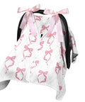 Pink Bow 2-In-1 Muslin Baby Car Seat Cover Breathable Nursing Shield for Breastfeeding Windproof Canopy with bows visible