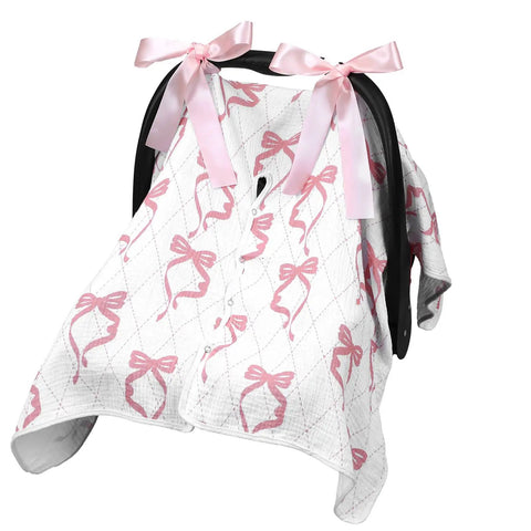 Pink Bow 2-In-1 Muslin Baby Car Seat Cover Breathable Nursing Shield for Breastfeeding Windproof Canopy with bows visible
