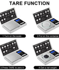 Pocket Gram Scale With 200g Capacity And 0.01g Precision Tiny Jewelry Scale demonstrating tare function in four steps
