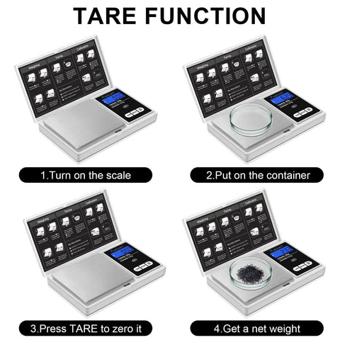 Pocket Gram Scale With 200g Capacity And 0.01g Precision Tiny Jewelry Scale demonstrating tare function in four steps