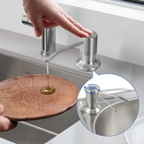 Brushed Nickel Built-In Soap Dispenser For Kitchen Sink, Stainless Steel Pump Head With 17oz Bottle, dispensing soap onto dish