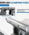 Close-up of 8 Inch Heavy Duty Bench Vise With Anvil And 190 Degree Swivel Base, showing replaceable top jaws and pipe jaws.