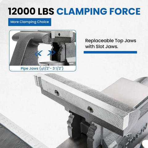 Close-up of 8 Inch Heavy Duty Bench Vise With Anvil And 190 Degree Swivel Base, showing replaceable top jaws and pipe jaws.
