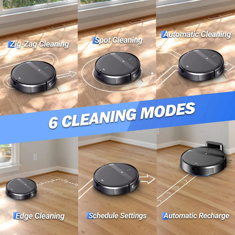 Ultra Slim 2.8 Inch Robot Vacuum And Mop That Runs Quiet At 65 Decibel No Tangle Design Smart 3D Obstacle Avoidance showcasing 6 cleaning modes.