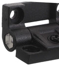 Close-up of Plastic Folding Cabinet Hinge With 90 Degree Torque Friction Adjustable Arm Reinforced Ball Bearing Anti Sag Design.