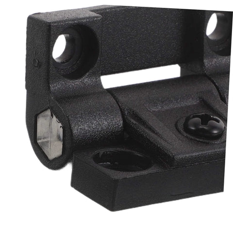 Close-up of Plastic Folding Cabinet Hinge With 90 Degree Torque Friction Adjustable Arm Reinforced Ball Bearing Anti Sag Design.
